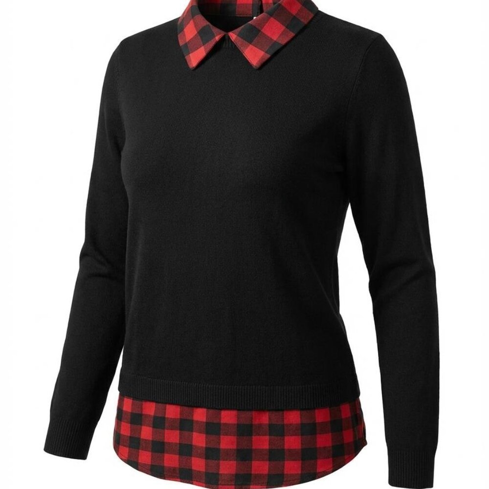 Adrianna Papell Buffalo Plaid Twofer Sweater - Black and Red